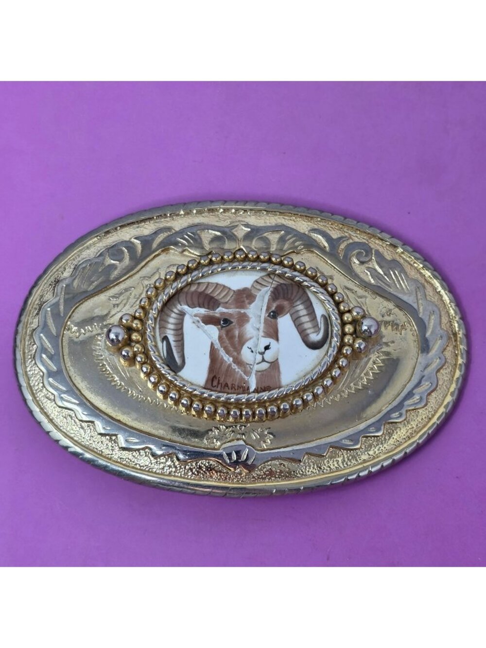Vintage Western Belt Buckle Hand Painted Bighorn Ram Porcelain Inlay Cracked